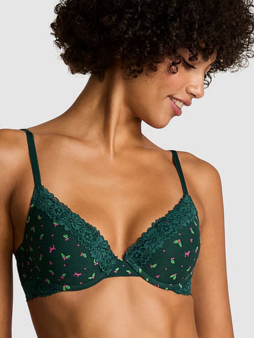 NWT! Women's Dark Green Lace-Trim Holiday Print T-Shirt Bra